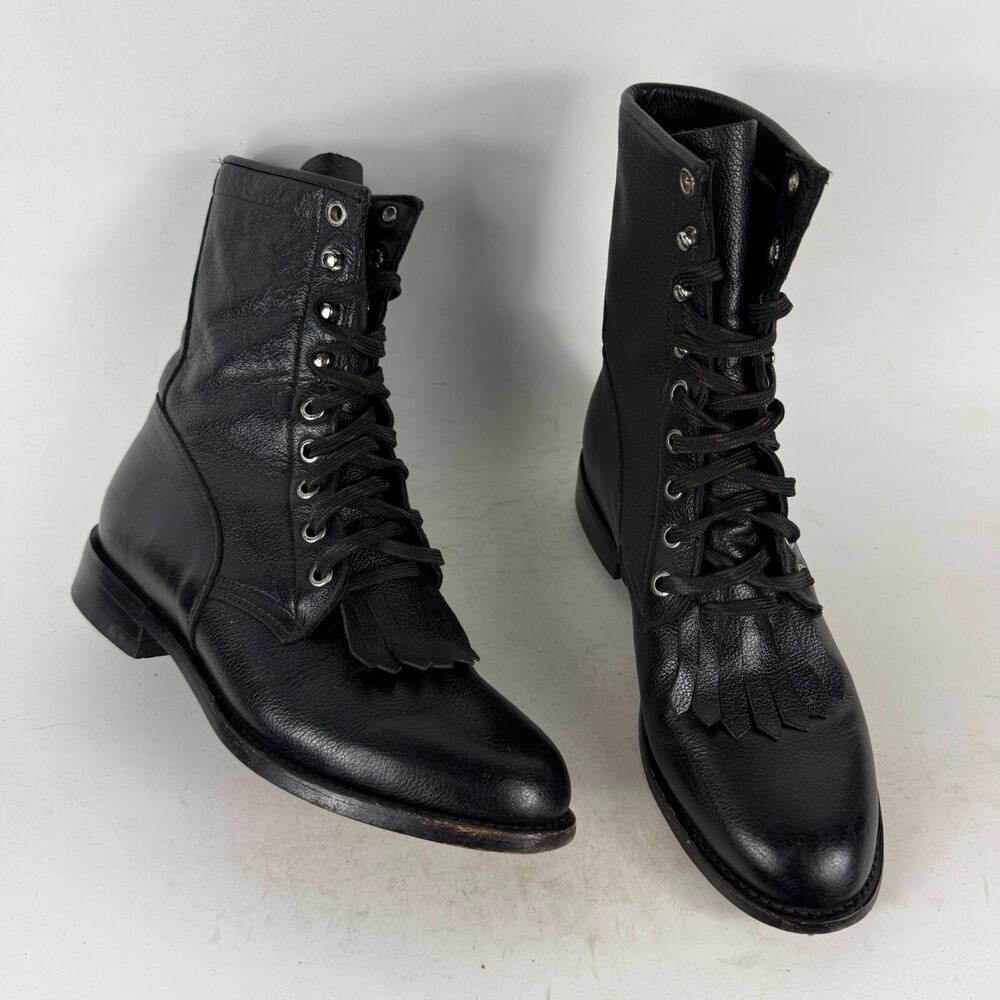 Dan Post Boots Women's 7 Black Leather Lace Up Round Toe Western Kiltie Boots
